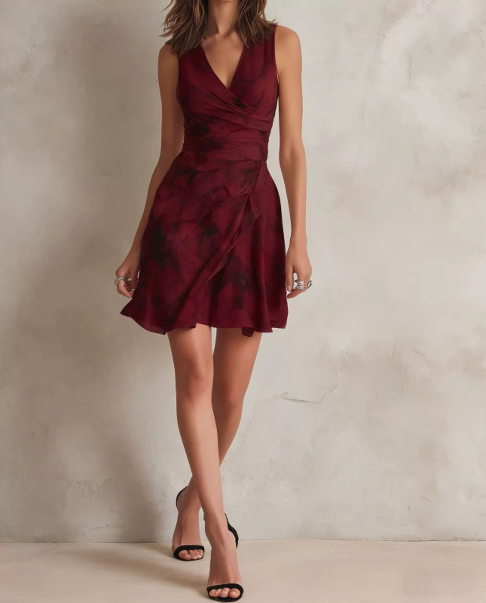 Minimalist Sleeveless Pleated Collar Ombre Print Mini Dress